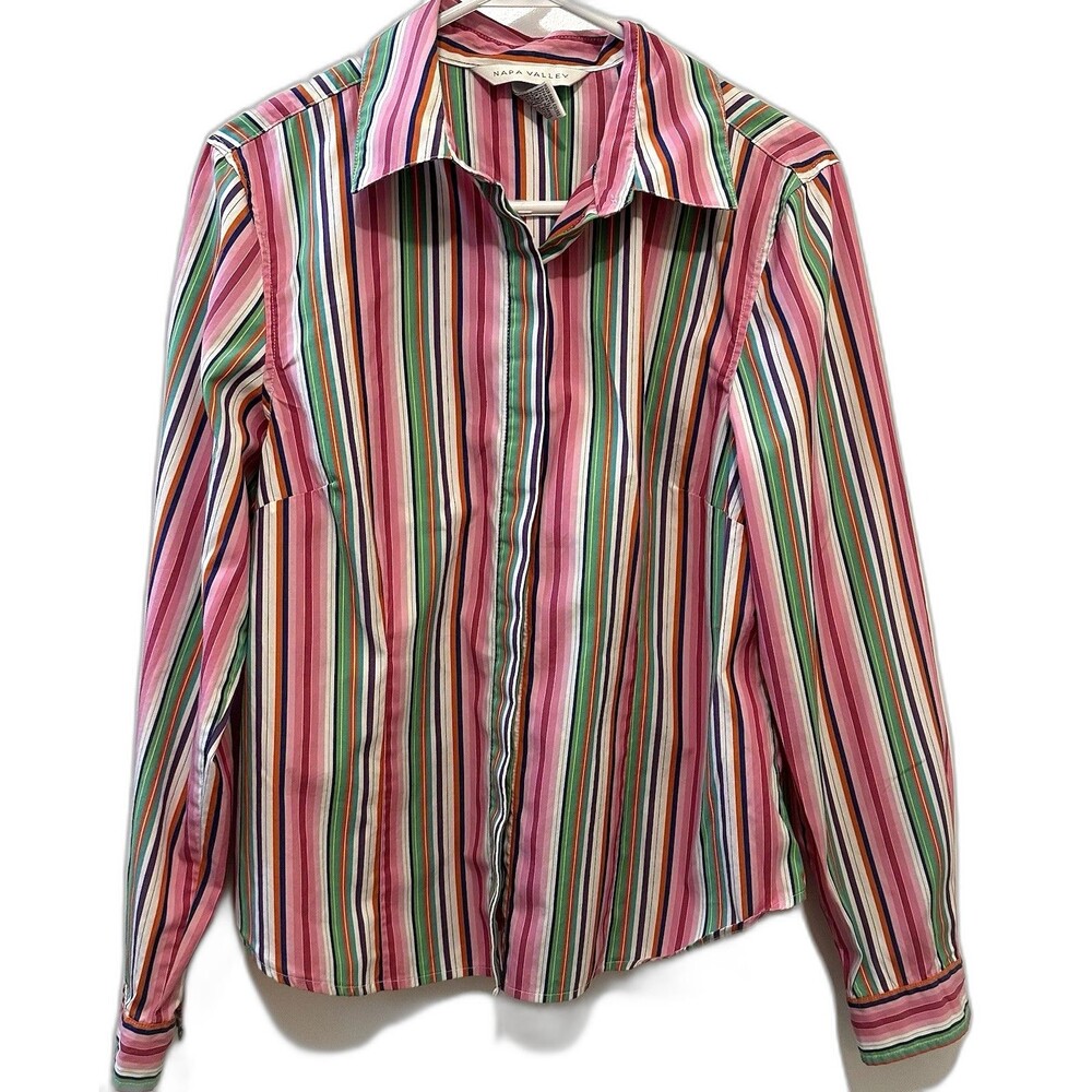 Napa Valley Colorful Vertical Stripe Button Front Shirt Blouse Size 12 Cotton
